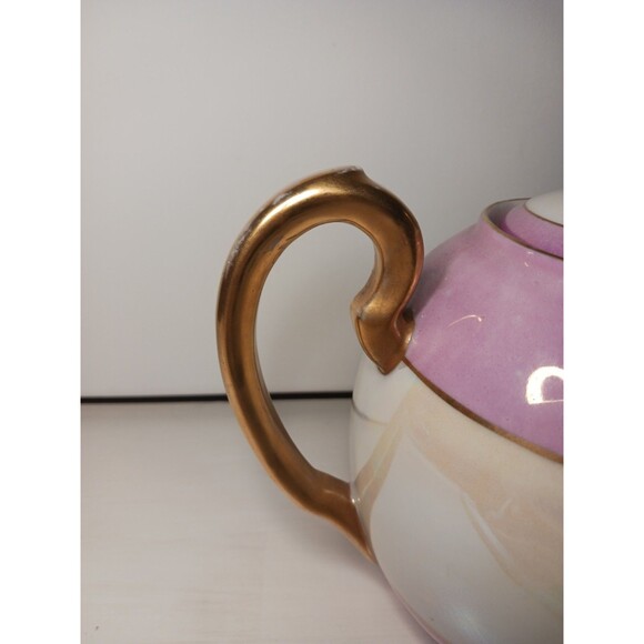 Antique G.H.O. Greiner & Herda Bavaria Lusterware Teapot Blue Pink Germany - Picture 5 of 13